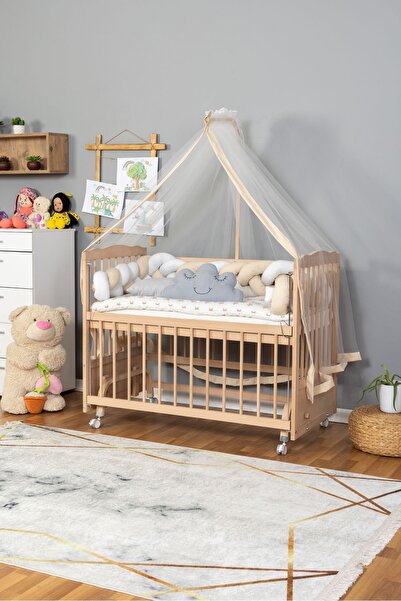 Bamgidoo Ahşap Beşik Anne Yanı Beşik Organik 60x120 - Krem Beyaz Örgü Uyku Seti Seti + Yatak + Tekerlekli
