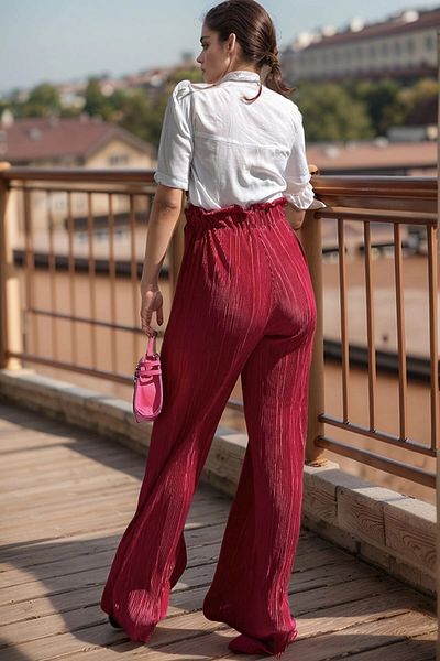 bacc Women's Fuchsia Self-Textured Elastic Waist Wide Leg Loose Trousers Bcbsk-25700-3578