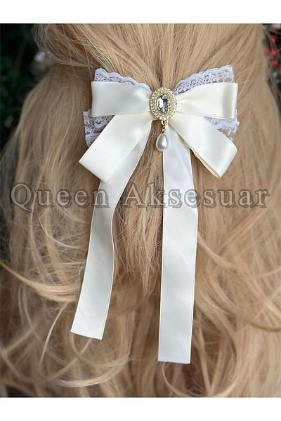 QUEEN AKSESUAR Luxury Vintage Pearl with Stone Brooch Lace Satin Bow Pendant Ribbon Tailing Buckle Automatic White Cream