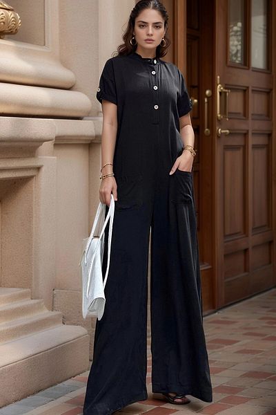 bacc Women's Black Half Placket Pocket Low Mesh Loose Cut Loose Jumpsuit Bcbsk-25700-3577
