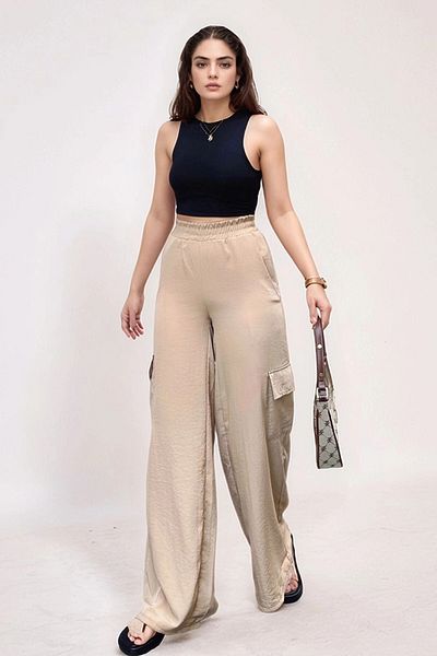 bacc Women's Beige Side Pocket Elastic Waist Loose Wide Leg Loose Trousers Bcbsk-25700-3600