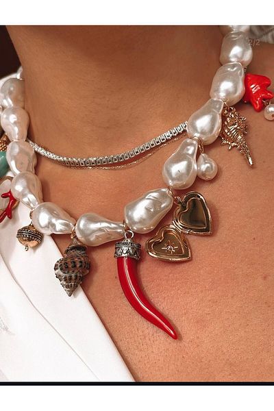 H&S AKSESUAR Special Series Zr Model Colorful Charm Detail Pearl Gold Necklace