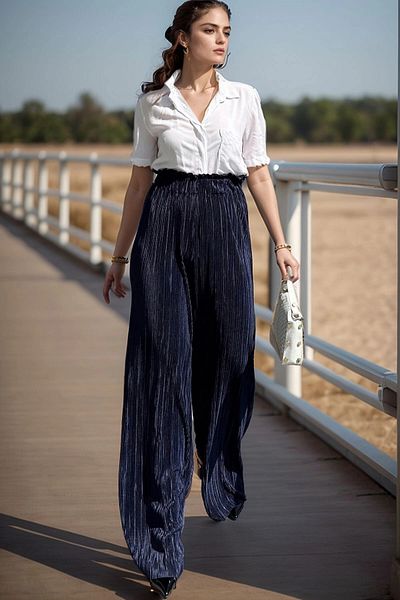 bacc Women's Navy Blue Self-Textured Elastic Waist Loose Wide Leg Loose Trousers Bcbsk-25700-3578