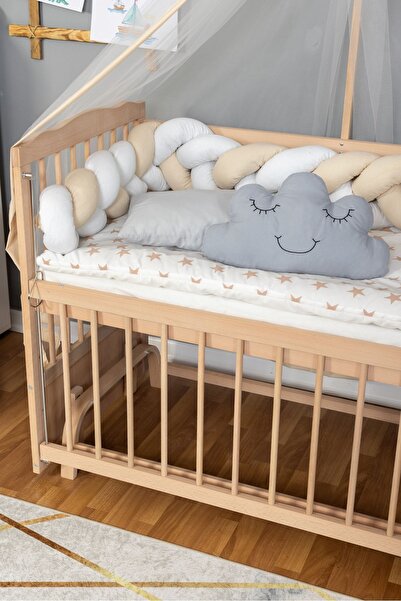 Bamgidoo Ahşap Beşik Anne Yanı Beşik Organik 60x120 - Krem Beyaz Örgü Uyku Seti Seti + Yatak