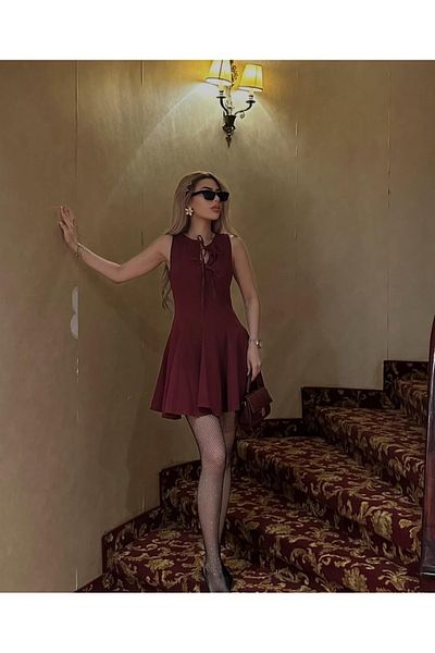 Ekim Store Rochie mini cu fundă dublă din țesătură, cu detaliu de corset, cu volane, cu fustă