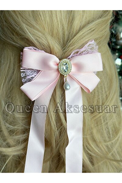 QUEEN AKSESUAR Πολυτελής vintage κορδέλα με πέτρα με μαργαριτάρια, δαντελωτό σατέν φιόγκο, κρεμαστό κορδέλα με πόρπη, αυτόματο ροζ