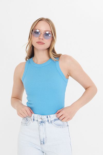 THIFF GYMWEAR Tricou albastru din bumbac cu nervuri cu textura premium pentru femei