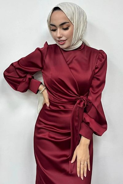 Tesettür Diyarı Satin Hijab Evening Dress with Tie Waist Detail