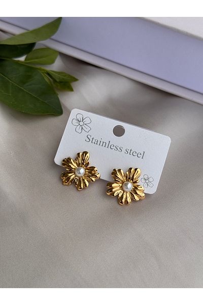 HERCY 316 L Stainless Steel Flower Earrings |   Small Size Flower Earrings with Pearls |   Steel Gold Earrings