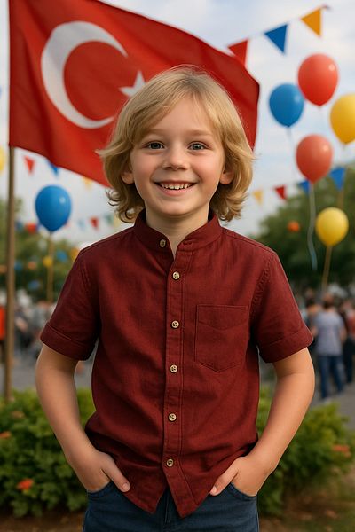 Yalçınoğlu Kids قميص رجالي من الكتان العنابي نصف كم بياقة القاضي - تصميم أنيق ومريح قميص I Boy