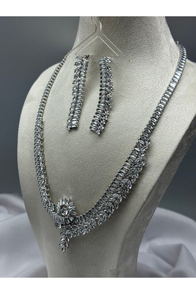 HADRA ACCESSORİES Waterway Leaf Couple Model Evening Dress Necklace Earring Set Bridal Jewelry Set Engagement Set Party Invitation Set
