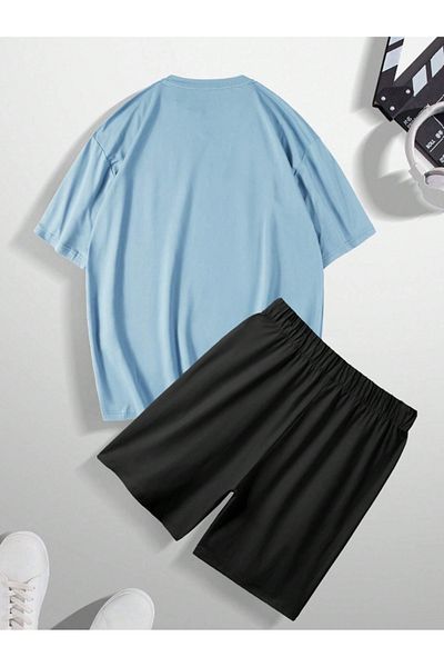 LEONE KOLEKSİYON Blue&Black Sculpture Printed Short Sleeve T-Shirt and Shorts Double Set