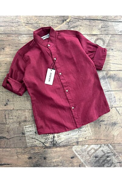 Yalçınoğlu Kids Men's Burgundy Linen Half Sleeve Judge Collar Shirt – Stylish and Comfortable Design I Boys' Shirt