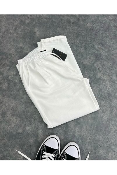 çerme Erkek Beyaz Boyfriend Keten Pantolon Rahat Kesim Duble Paça Jogger