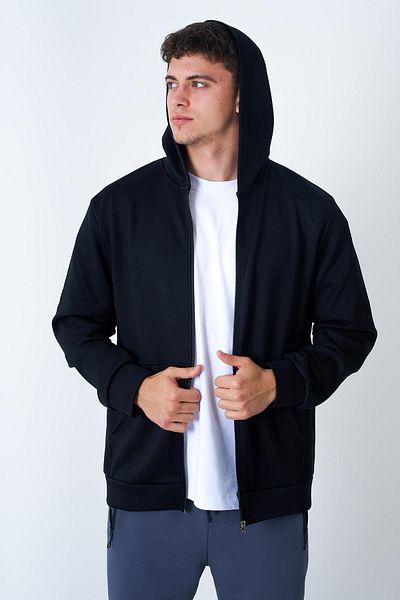 Behind Look Hooded Zippered Kangaroo Pocket Modal Sweat Black