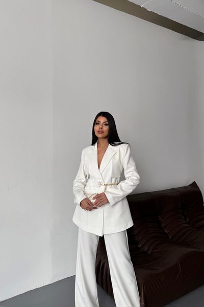hepimiz alalım Jacket Pants Suit Design with Zirkin Belt Detail - White