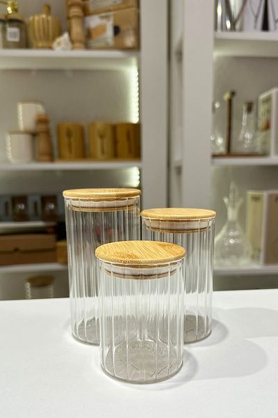 Seyese Vacuum Bamboo Lid Glass Jar Set - 3 Sizes Spices, Pulses Storage