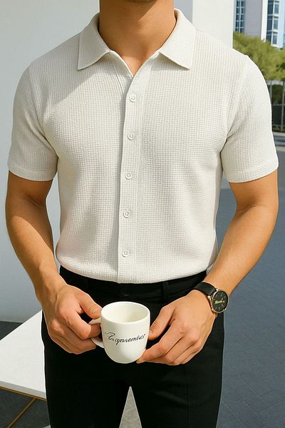 LC Waikiki 100% Cotton Waffle Fabric Men's Summer Button Short Sleeve Premium Shirt