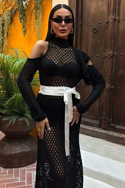 velmorafashion Satin Belted Openwork Knitwear Dress 2847