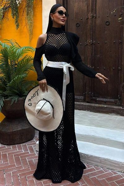 velmorafashion Satin Belted Openwork Knitwear Dress 2847