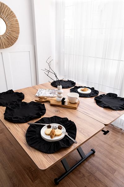 Morlay 6-Piece Placemat Set - Ruffled Cotton Linen, 40 cm - Black Color