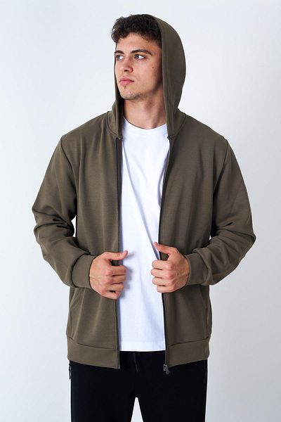 Behind Look Modal Sweat Khaki με τσέπη καγκουρό με φερμουάρ και κουκούλα
