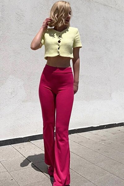 KaSheHa Krep Kumaş Likralı Yüksek Bel Ispanyol Paça Pantolon 100 Cm