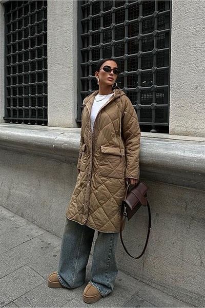 hepimiz alalım Zipper and Hooded Long Quilted Coat 7062