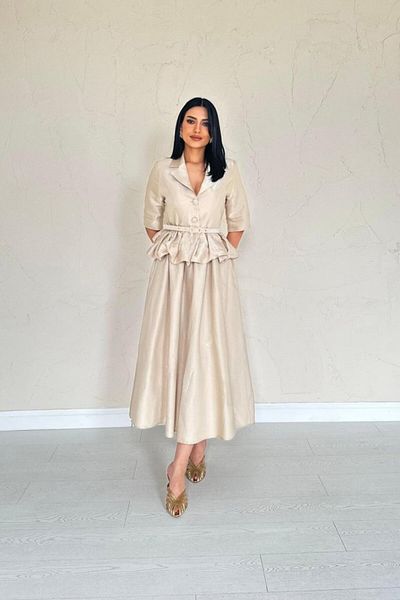 hepimiz alalım Beige Thin Belted Ruffled Jacket and Drawstring Skirt Set