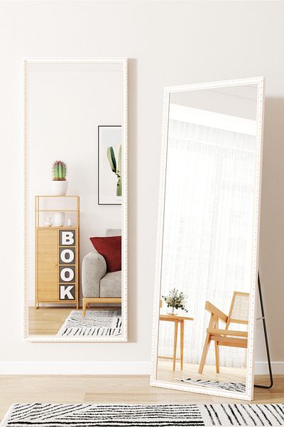 Generic Full-Length Mirror Floor Metal Mirror with Wooden Style160x50cm White/Gold