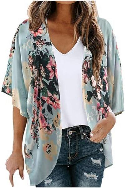 BUNCA Long Summer Loose Boho Kimono Cardigan for Women by Bunca (Light Blue Floral)