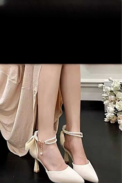 Modavien Pantofi de mireasa de dama 7 cm bej cu perle