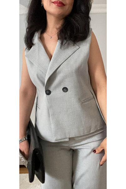 ronox kadın açık gri çift düğmeli ceket yaka astarlı gizli cepli makosen yelek