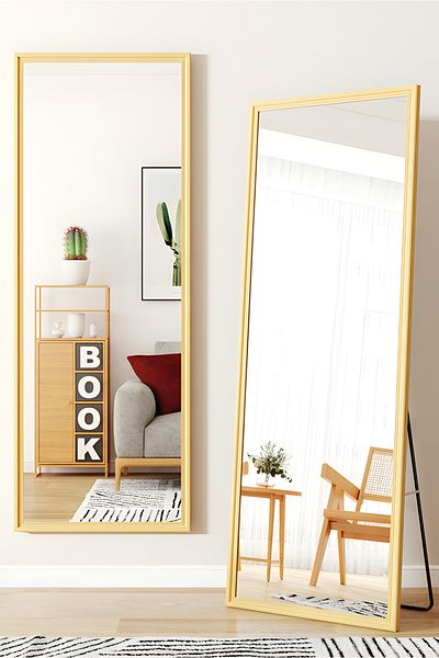 Generic Full-Length Mirror Floor Metal Mirror with Wooden Style160x50cm Biege