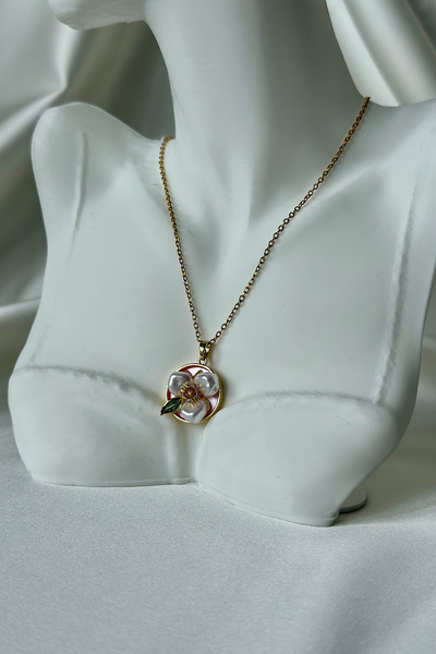 staınless steel Gold Çelik İnci Çiçek Detaylı Retro Sanat Kolye