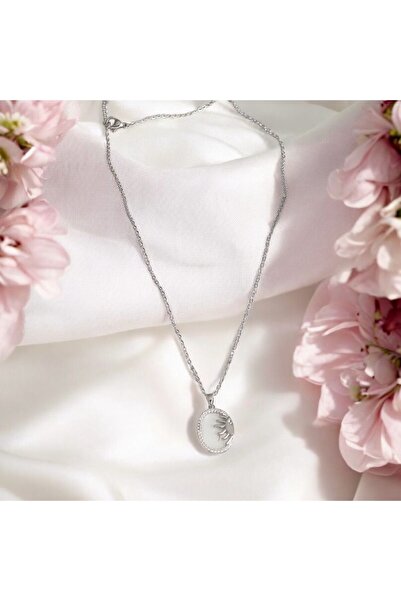rafiel Zirkon Taş Çerçeveli Güneş Madalyon Kolye - Gümüş Rengi Çelik