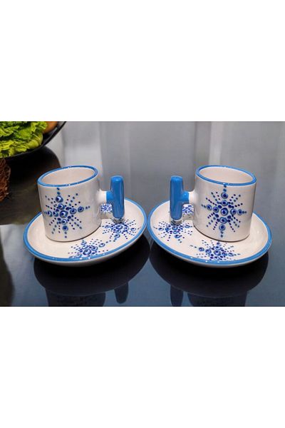 İZart 2' Li t Handle - Star Evil Eye Patterned Special Embossed Hand Embroidered 4 Piece 2 Person Cup Set