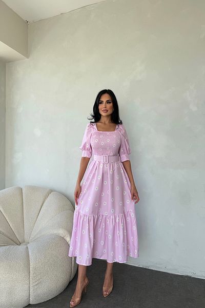 LİLA İSTANBUL Square Neck Belted Daisy Patterned Summer Dress