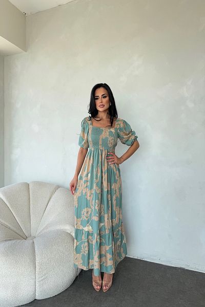 LİLA İSTANBUL Square Neck Watermelon Sleeve Gimped Ethnic Patterned Summer Dress
