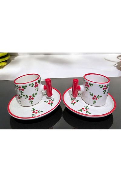 İZart 2' Li t Handle - Koki̇na Patterned Special Embossed Hand Embroidered 4 Piece 2 Person Cup Set