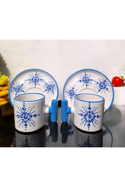 İZart 2' Li t Handle - Star Evil Eye Patterned Special Embossed Hand Embroidered 4 Piece 2 Person Cup Set