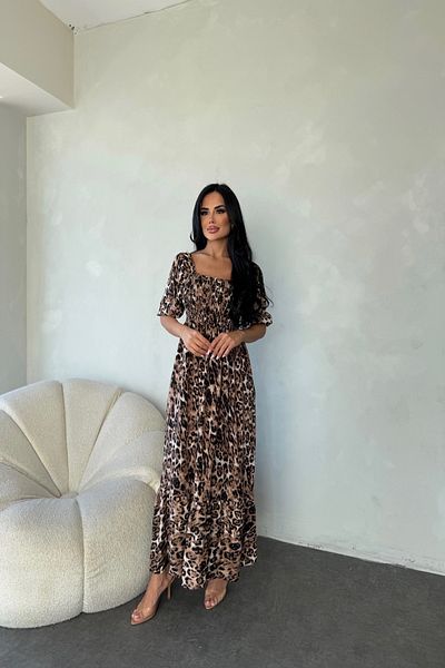 LİLA İSTANBUL Rochie de vară cu decolteu pătrat, mânecă pepene verde, cu imprimeu leopard