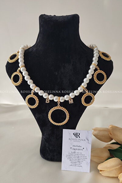 ROSELİNNA 6 Çeyrek 1 Tam Altınlı Harfli İnci Kolye, Çeyrek Altınlı Kolye, Beş...