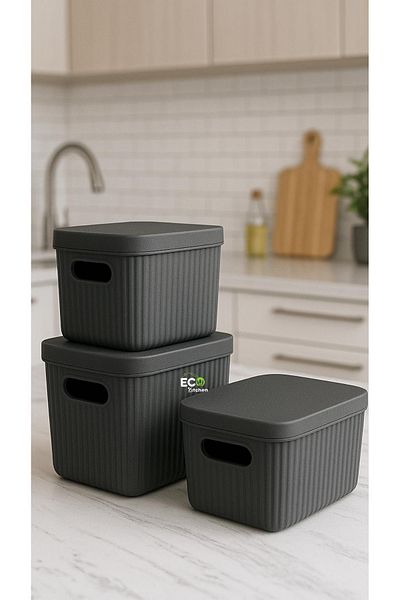 ECO KİTCHEN 3-Piece Organizer Box with Lid, Organizer, Bathroom, Kitchen, Decorative, Practical Storage, Cabinet Interior 6.2 Lt.