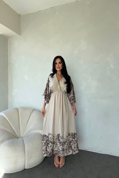 LİLA İSTANBUL Double Breasted Collar Viscose Fabric Bat Sleeve Ethnic Patterned Summer Dress