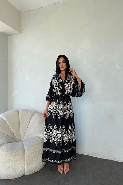 LİLA İSTANBUL Double Breasted Collar Viscose Fabric Bat Sleeve Ethnic Patterned Summer Dress