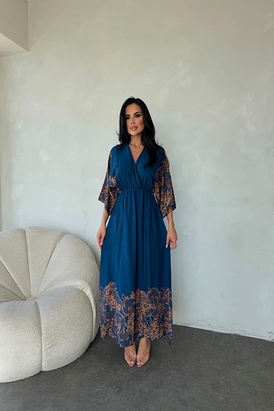 LİLA İSTANBUL Rochie de vară cu mâneci liliac din țesătură din viscoză cu guler dublu cu model etnic
