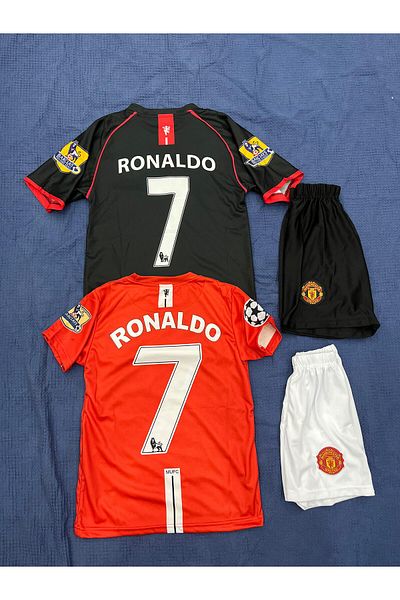 JANJON STAR Set of Two Cristiano Ronaldo 2008 Season Manchesterunited. Red and Black Color Kids Jersey Shorts