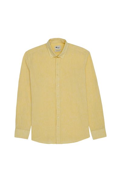 AC&Co / Altınyıldız Classics Men's Yellow Comfort Fit Relaxed Cut Button Collar Casual Linen Shirt