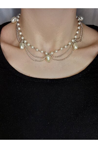 Crystal Atelier Damla Model Zincirli Kadın İnci Kolye, Gümüş Kaplama Zincir K...